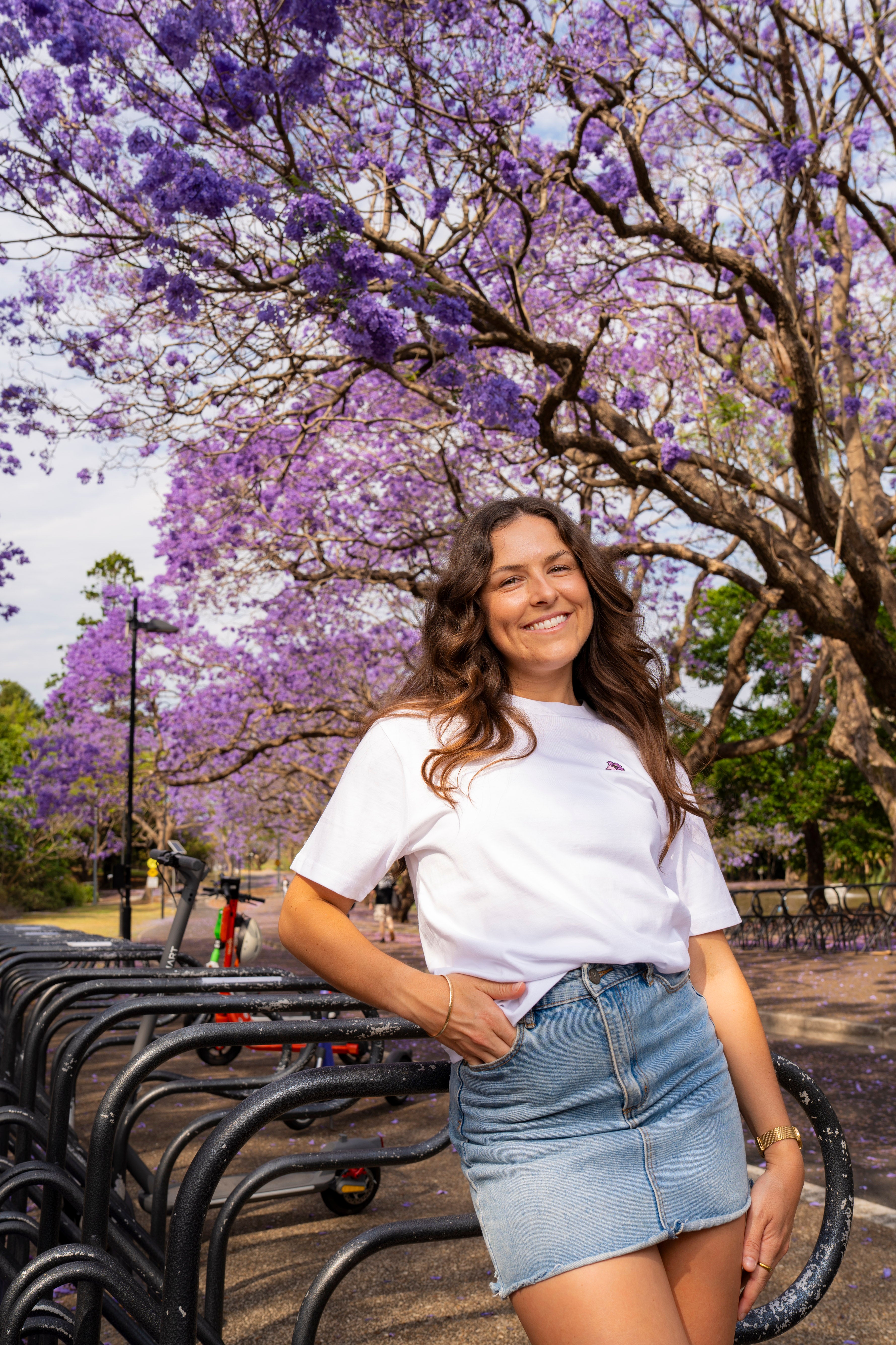 UQ Jacaranda Embroidered Unisex Tee - White