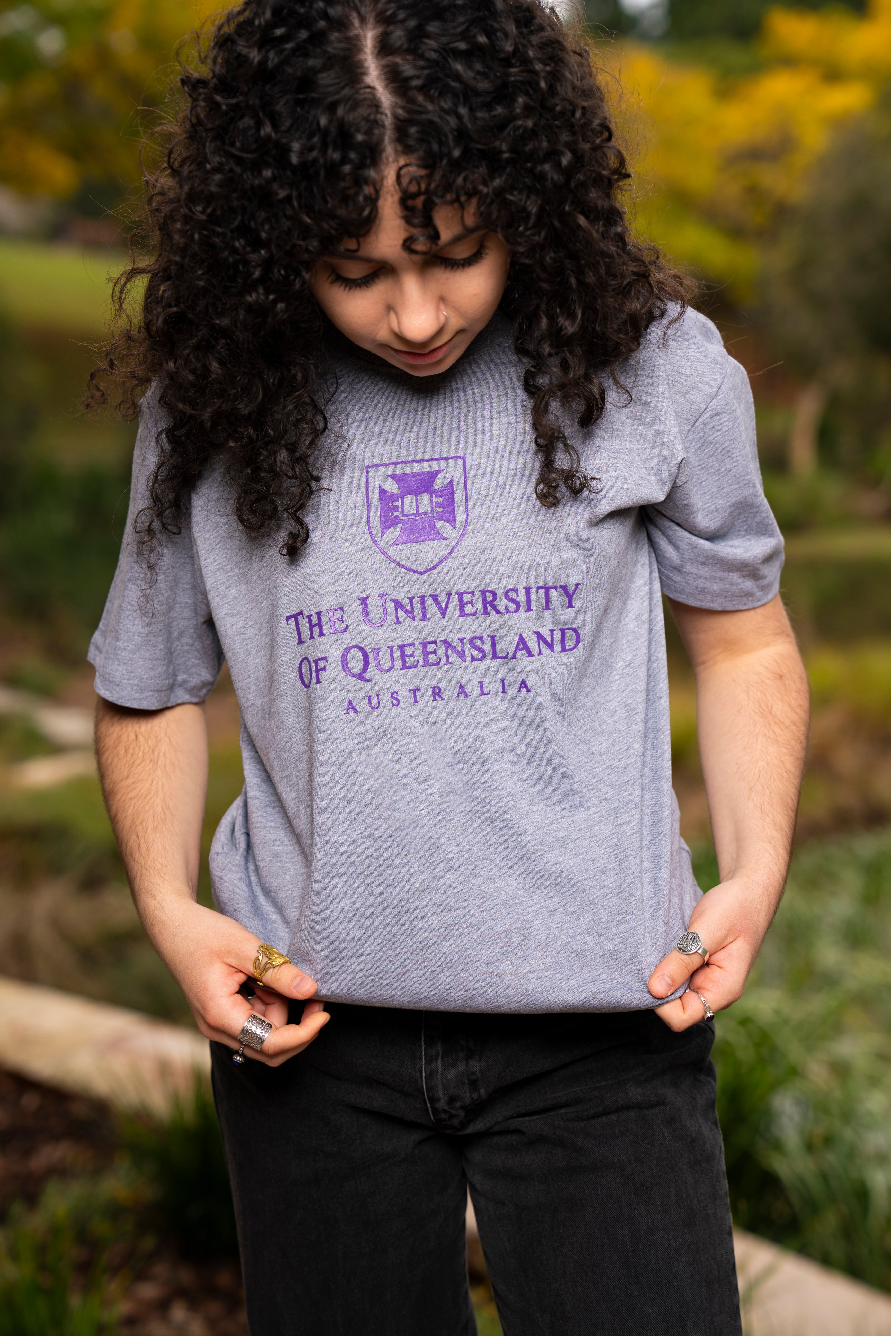 UQ Shield Unisex Tee - Grey/Purple - Big Logo