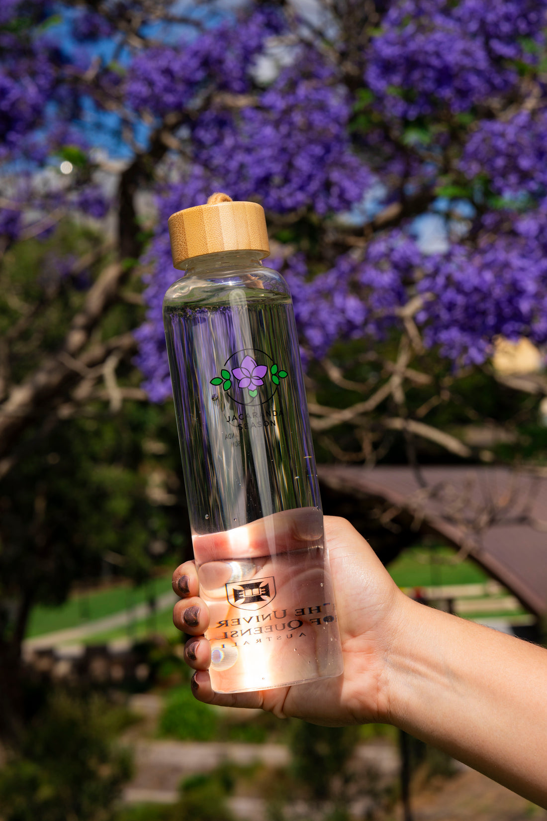 UQ Jacaranda Glass Water Bottle