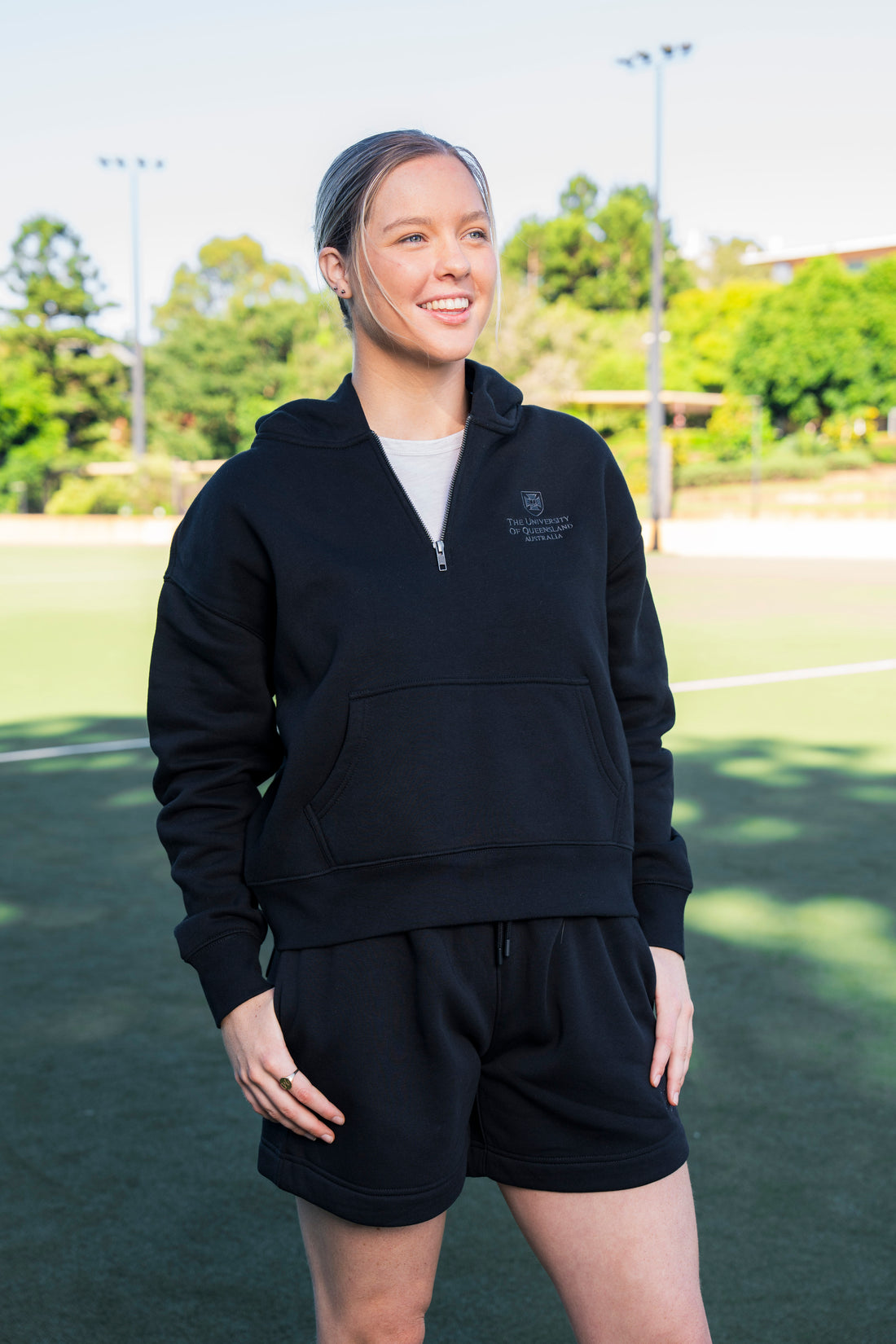 UQ Shield Cropped Half Zip Hoodie - Black