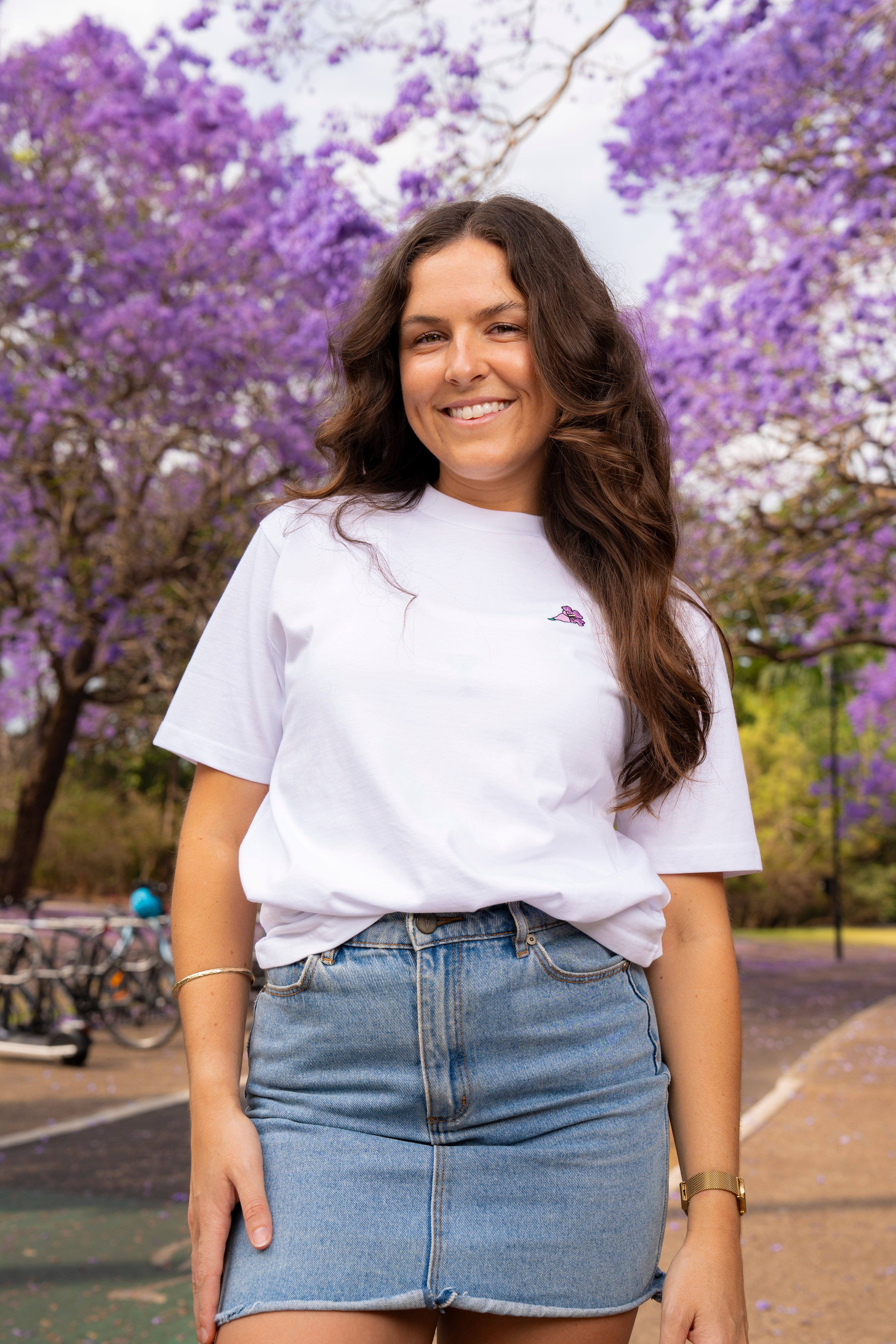 UQ Jacaranda Embroidered Unisex Tee - White